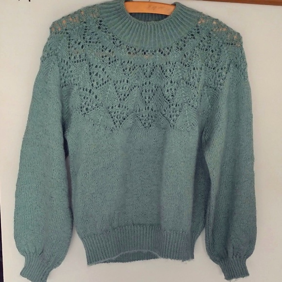 Sweet Hand Knit Sweater with Lace Pattern Yoke - Picture 1 of 5